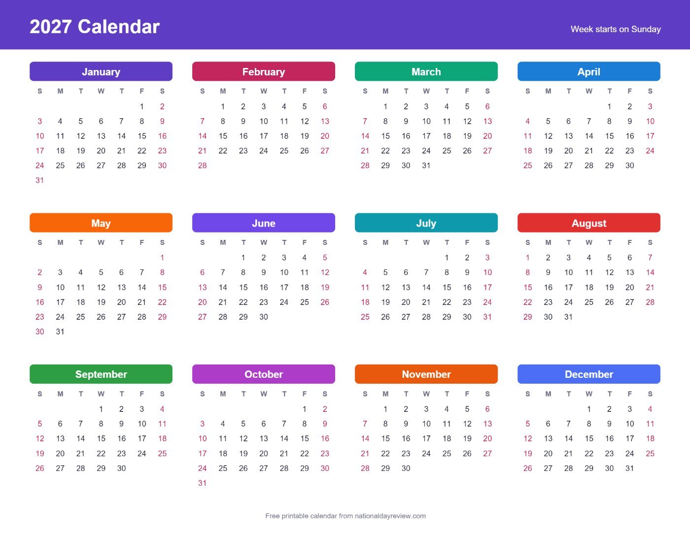 Printable 2027 yearly calendar on one page