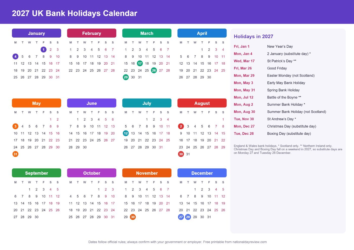 2027 UK bank holidays printable calendar
