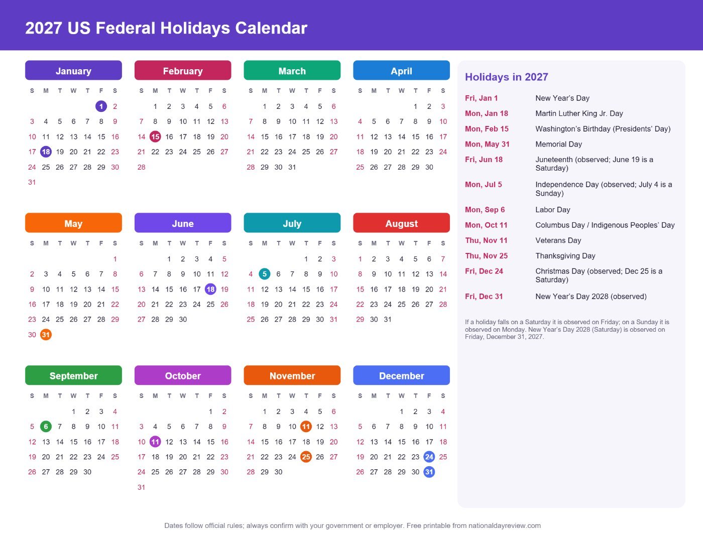 2027 US federal holidays printable calendar