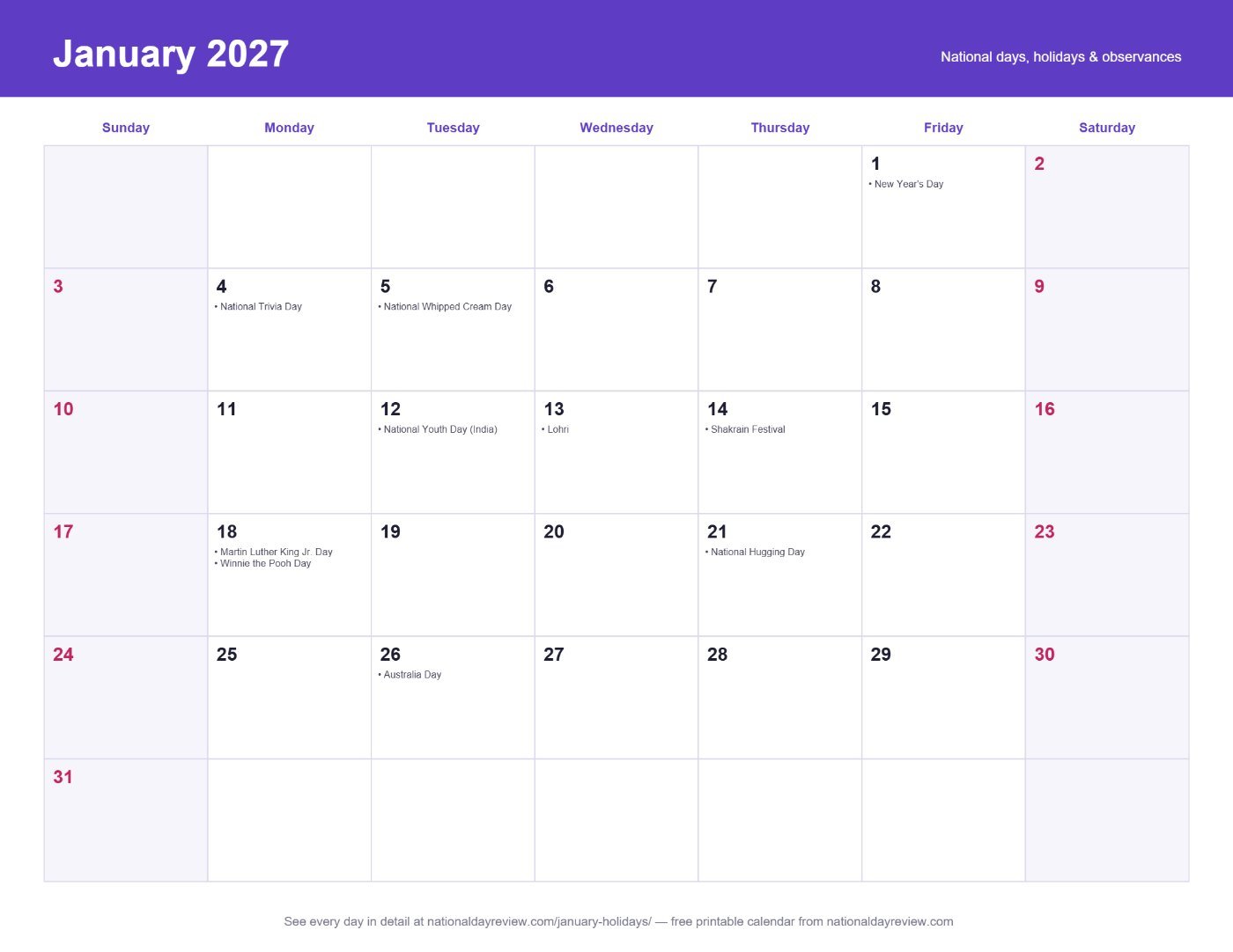 January 2027 printable calendar with national days